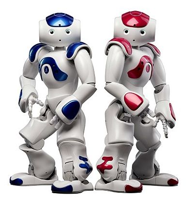 A NAO robot in blue and red livery